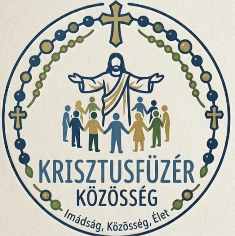 Krisztusfüzér Közösség logója: Krisztus kitárt karral, körülötte a közösség és rózsafüzér